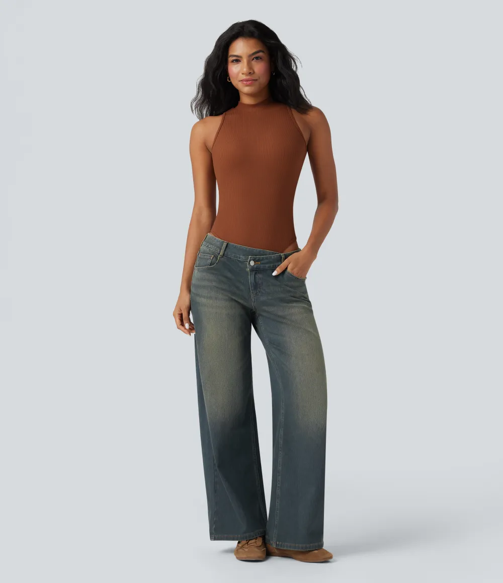 Asymmetric Low Rise Zipper Pockets Baggy Wide Leg Washed Casual Jeans