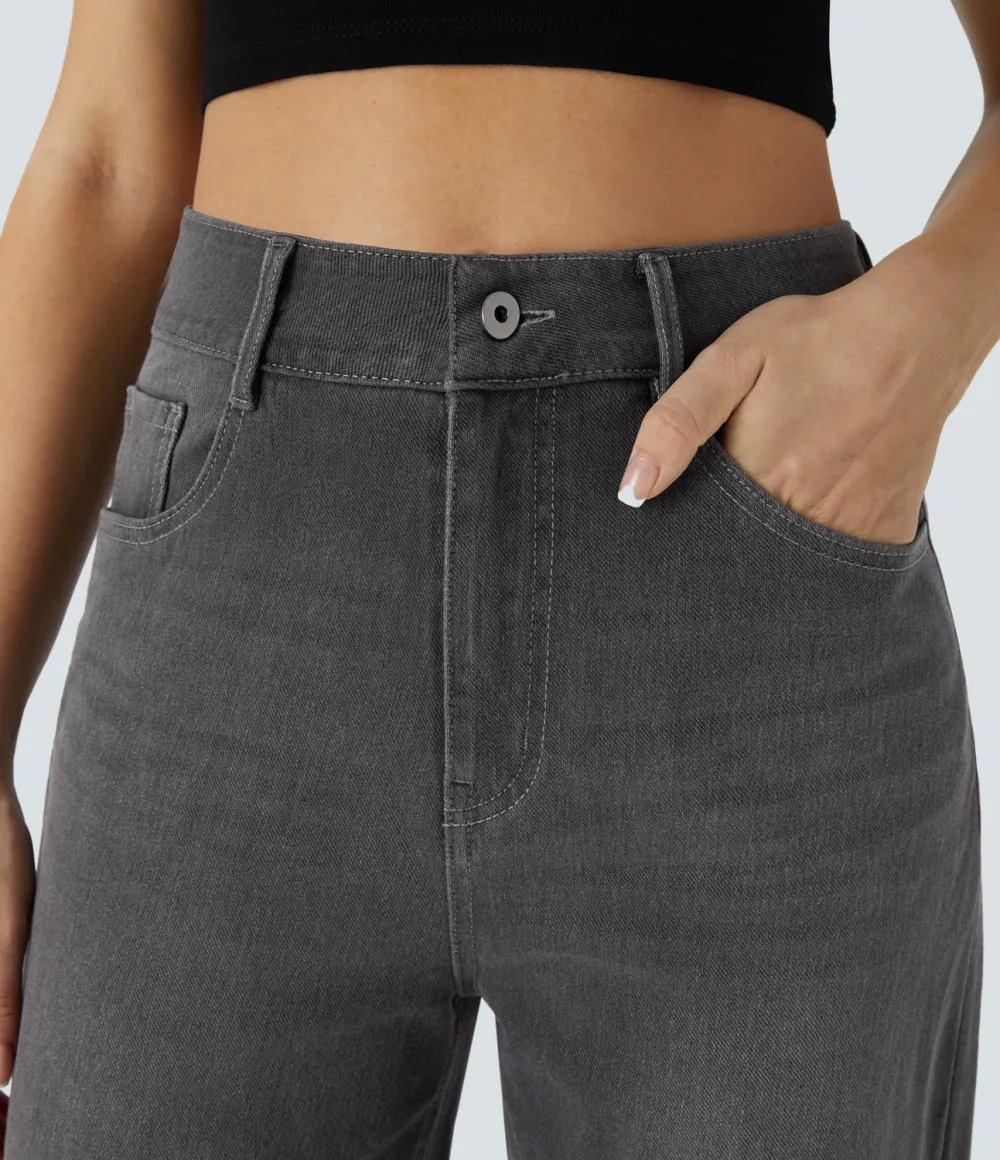 Magic High Waisted Multiple Pockets Rolled Hem Wide Leg Washed Stretchy Knit Casual Jeans