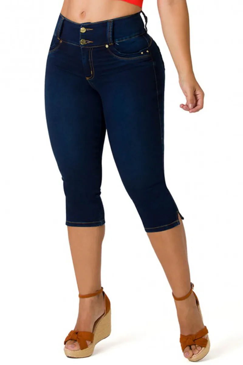 Double Button Mid Waist Capris Jeans