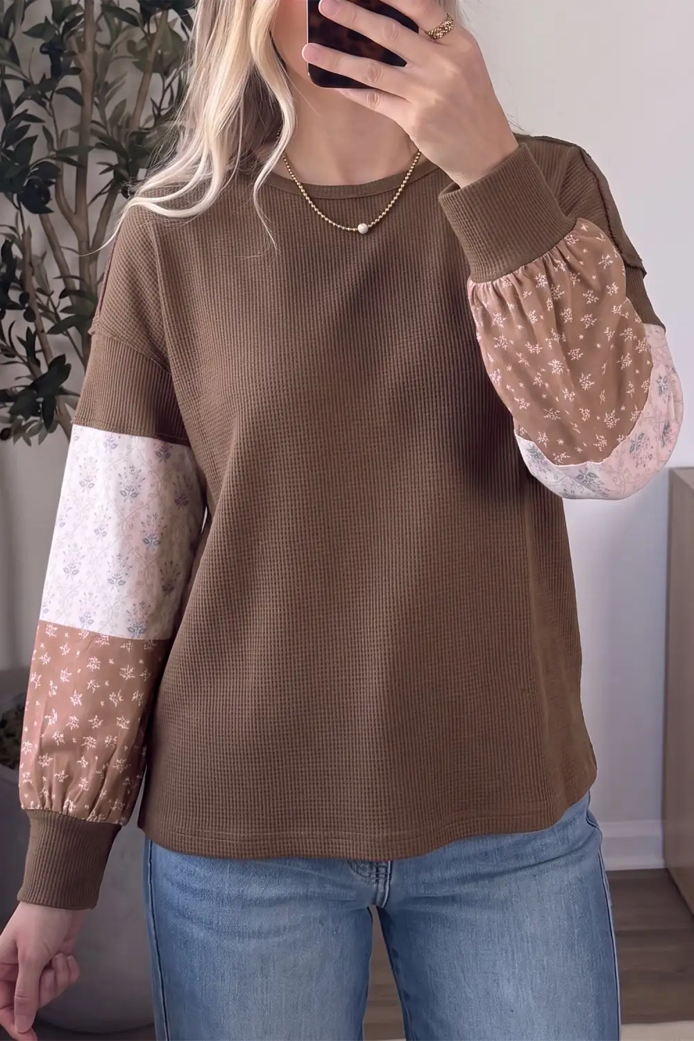 Women's Floral Print Colorblock Textured Tunic Top