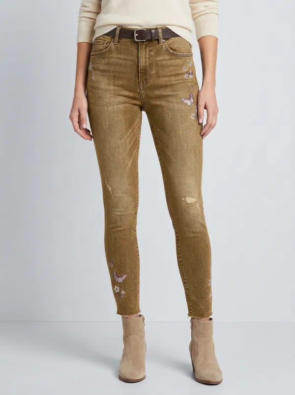 Women's Butterfly Floral Embroidered Distressed Slim Jeans