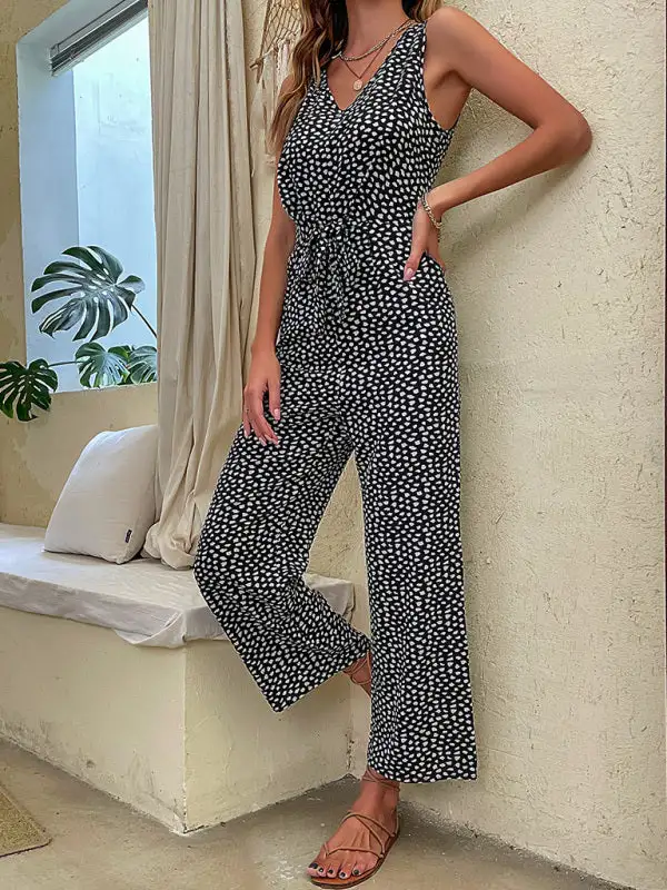 Woven Leopard Print V Neck Jumpsuit