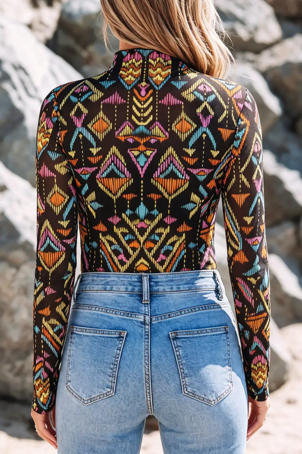 Western Print Stand Neck Mesh Stretch Fabric Long Sleeve Top