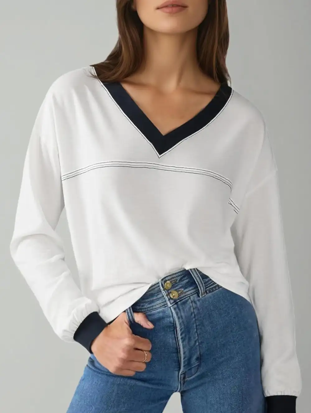 Contrast V Neck Loose Sweatshirt