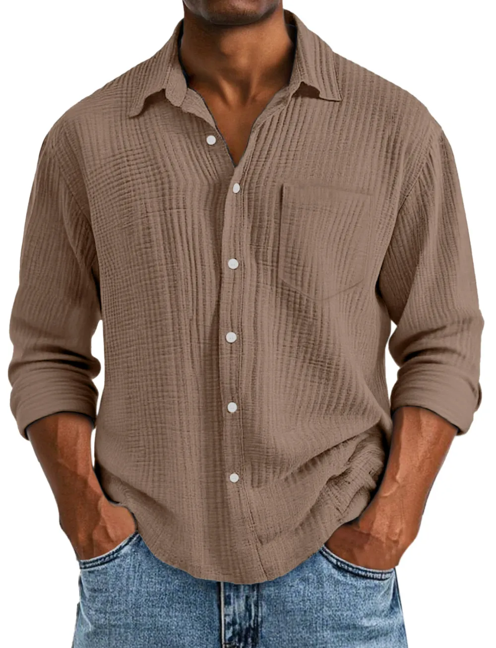Long Sleeve Open Collar Pleated Front Shirt