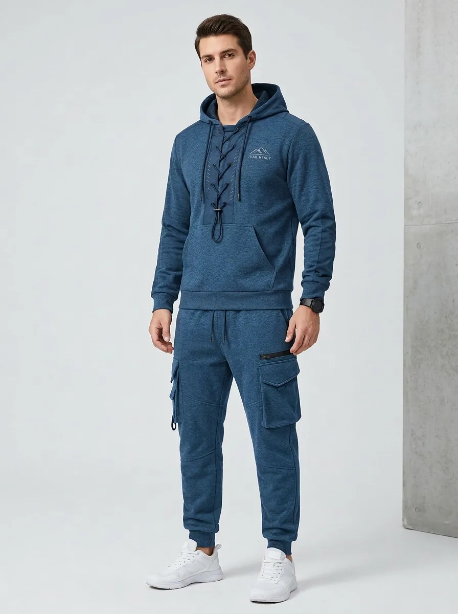 Trail-Inspired Lace-Up Essential Men's Lace Up Hoodie And Cargo Jogger Set