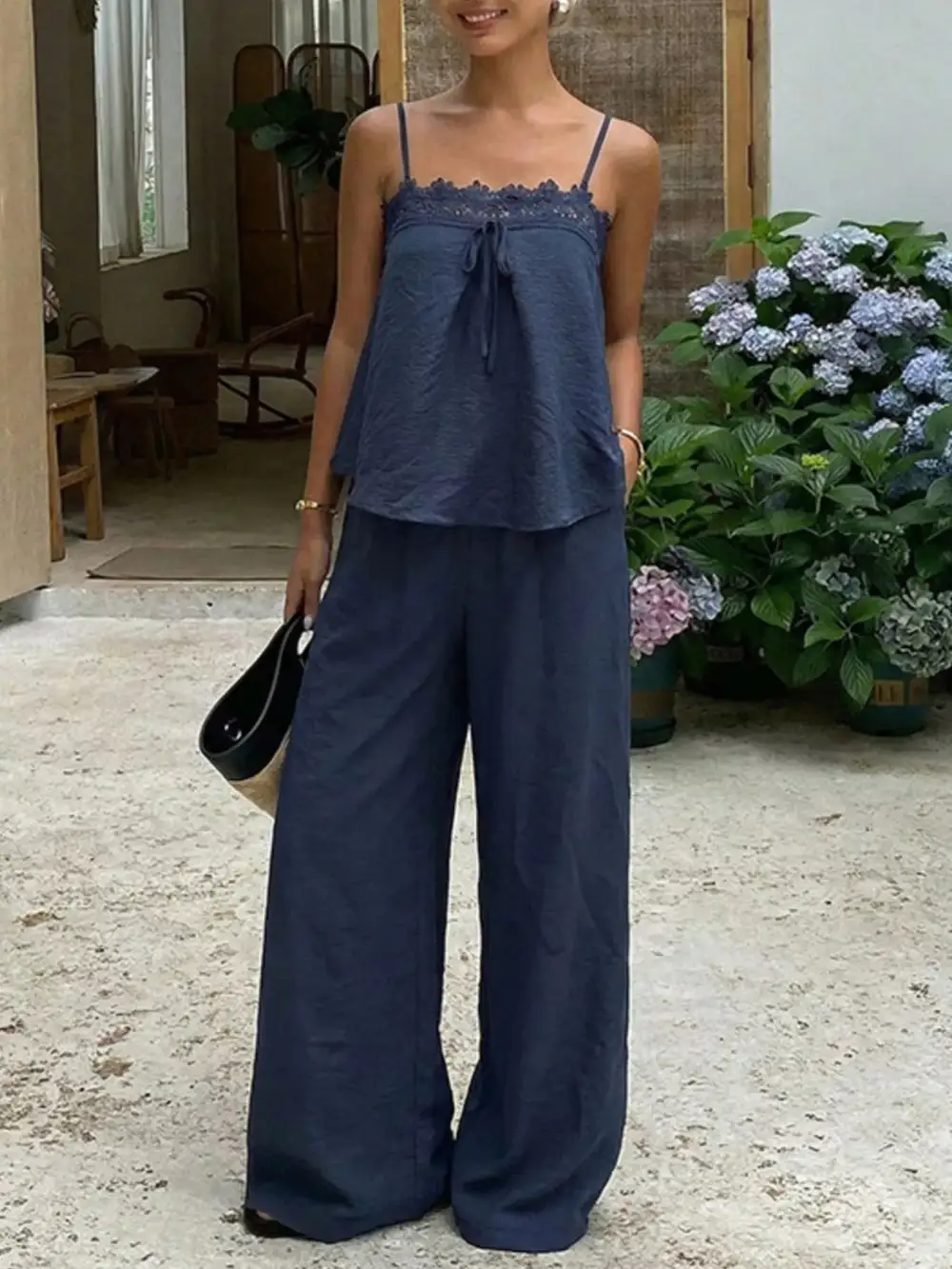 Lace Trim Cami and Wide Leg Pants Set