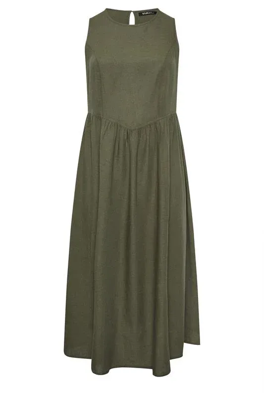 Khaki Green Sleeveless Linen Midi Dress