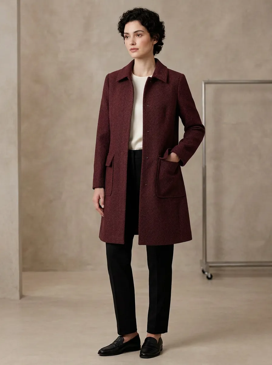 Women's Minimalist Charcoal Gray Herringbone Wool Blend Coat