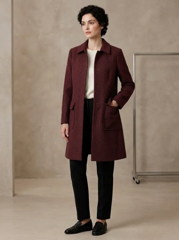 Women's Minimalist Charcoal Gray Herringbone Wool Blend Coat
