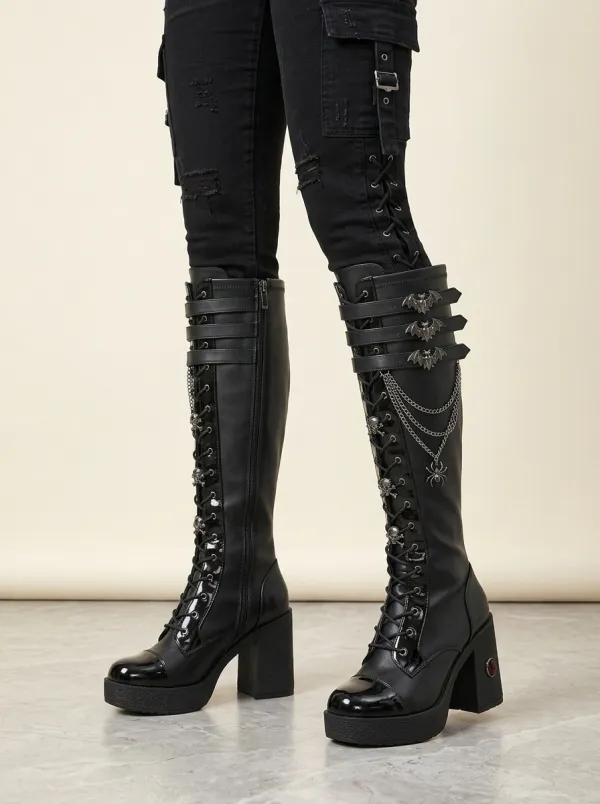Heritage Skull Bat Chain Collection Women's Gothic Platform Knee High Boots