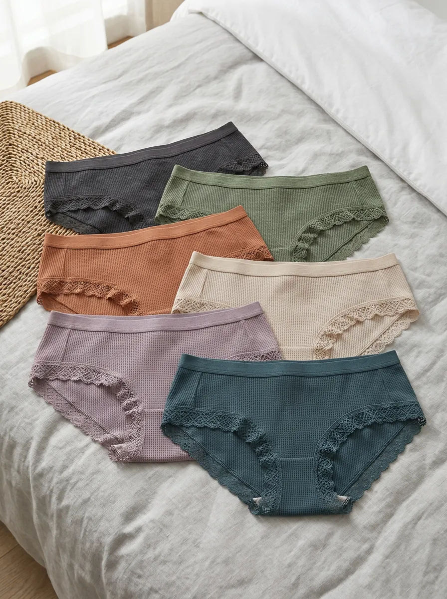 Women's Scalloped-Edge Waffle-Knit Lace-Trim Briefs Set