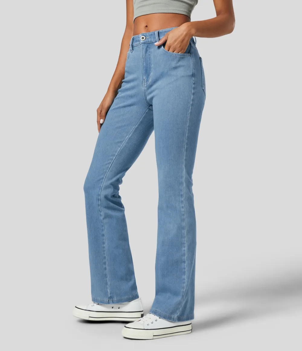 Magic Mid Rise Button Pockets Stretchy Knit Casual Bootcut Jeans