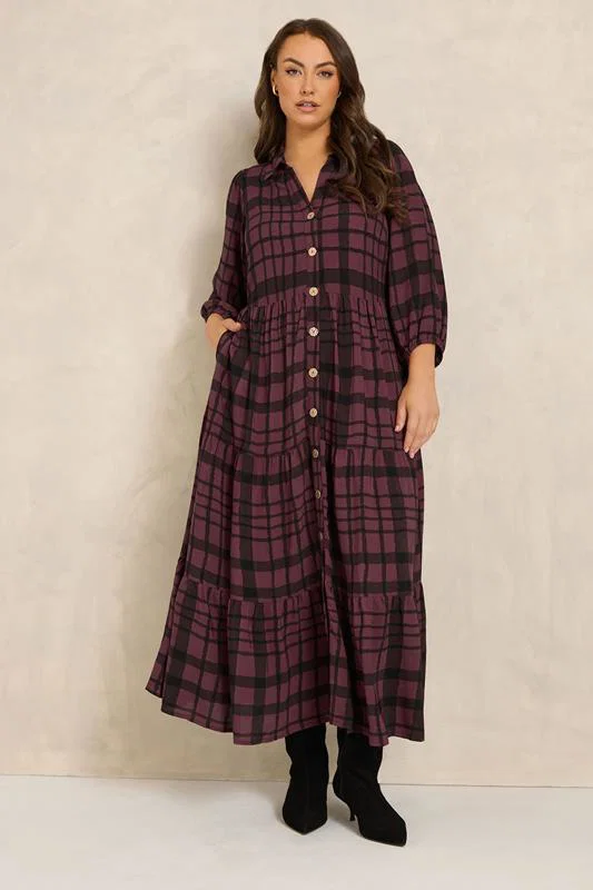 Burgundy Red Checked Tiered Maxi Dress detail 1