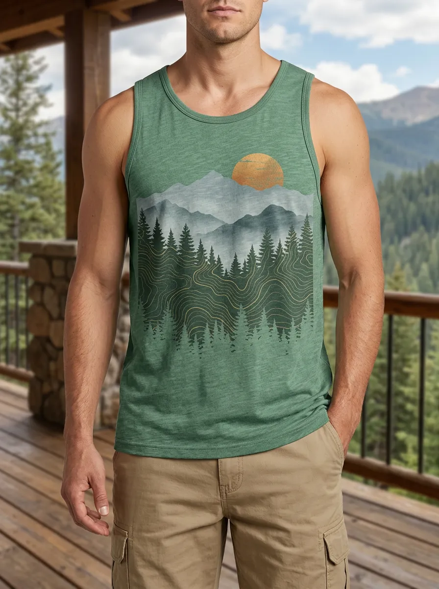 Men's Nature Hiking Mountain Forest Sunset Tank Top