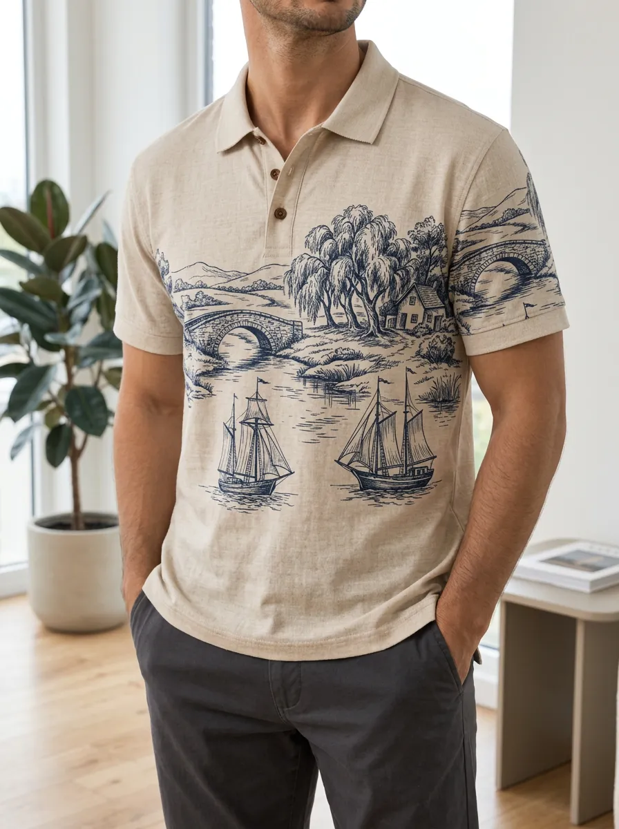 Men's Nautical Landscape Sailboat Printed Polo Shirt Weekend Casual Style
