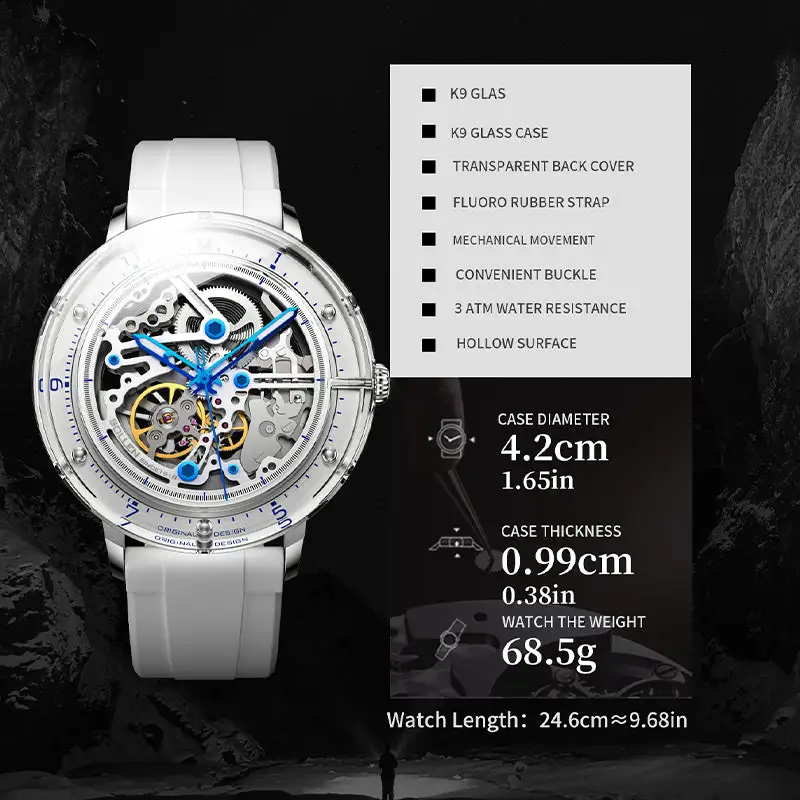 Sollen SL320 Men's Full Skeleton Automatic Mechanical Watch - 42mm K9 Glass Case Sandblasted Open Dial Fluororubber Strap Wristwatch