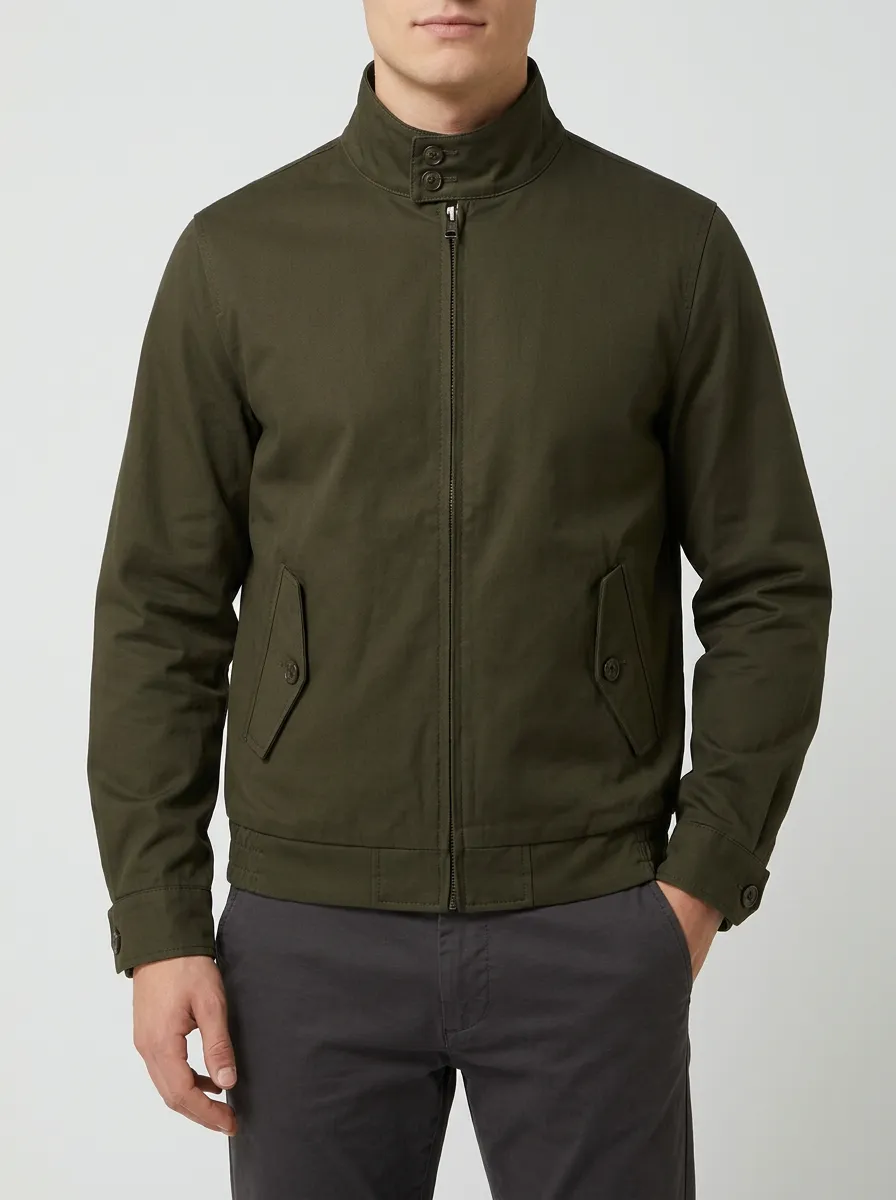 Men's Olive Green Stand Collar Zip-Up Casual Jacket