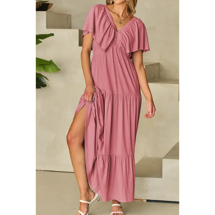 Ruffled V Neck Flutter Sleeve Maxi Dress