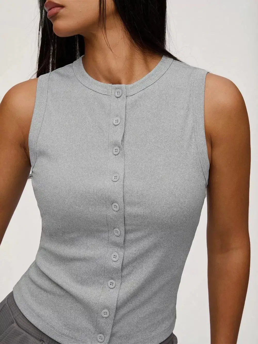 Ribbed Button Front Sleeveless Tank