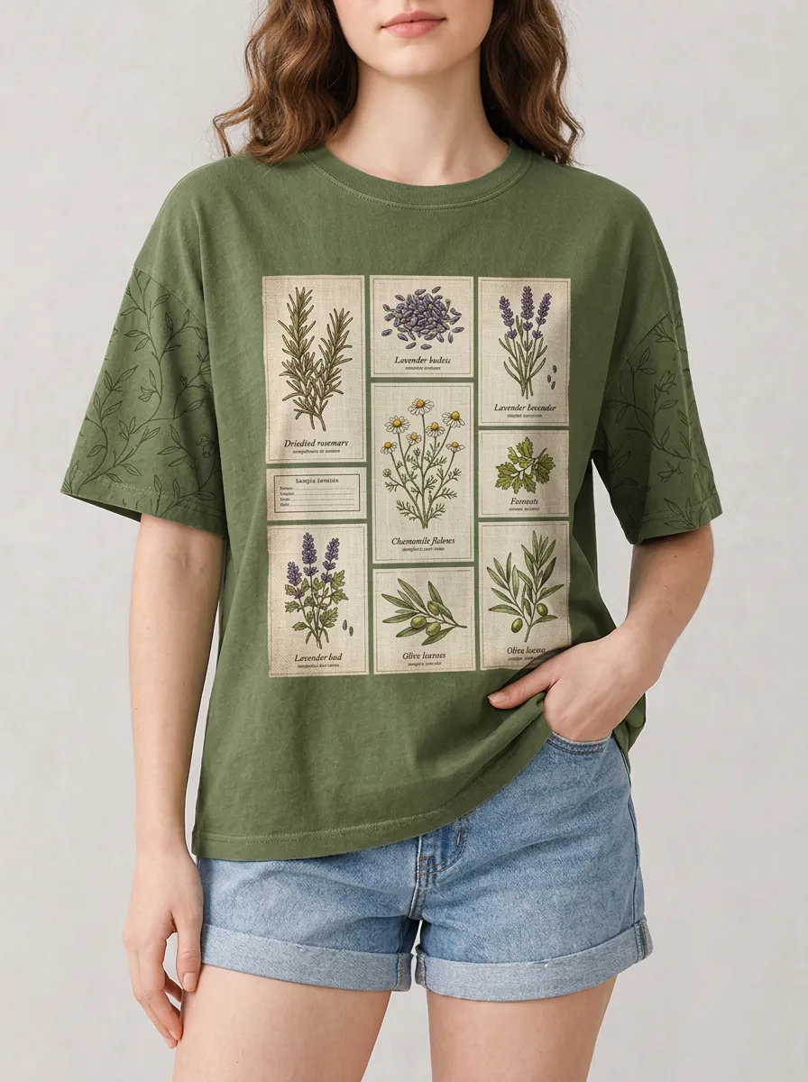 Women's Botanical Garden Lover Herb Chart Printed T-shirt