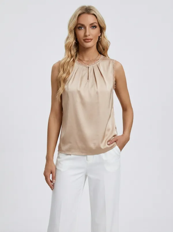 Lace Trim Pleated Satin Sleeveless Top