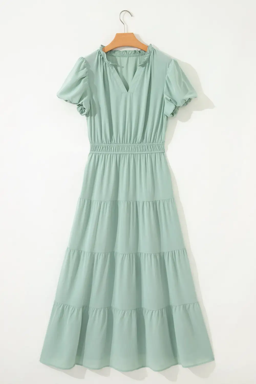 V Neck Tiered Puff Sleeve Maxi Dress
