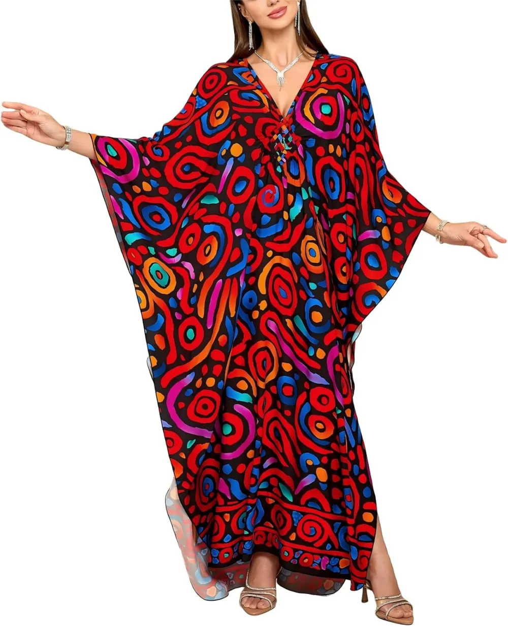 IMAGEKOPE Kaftan Dresses for Women Plus Size V-Neck Moo Moos Batwing Kaftan Beach Dress Bathing Suit Cover-Up Loungewear