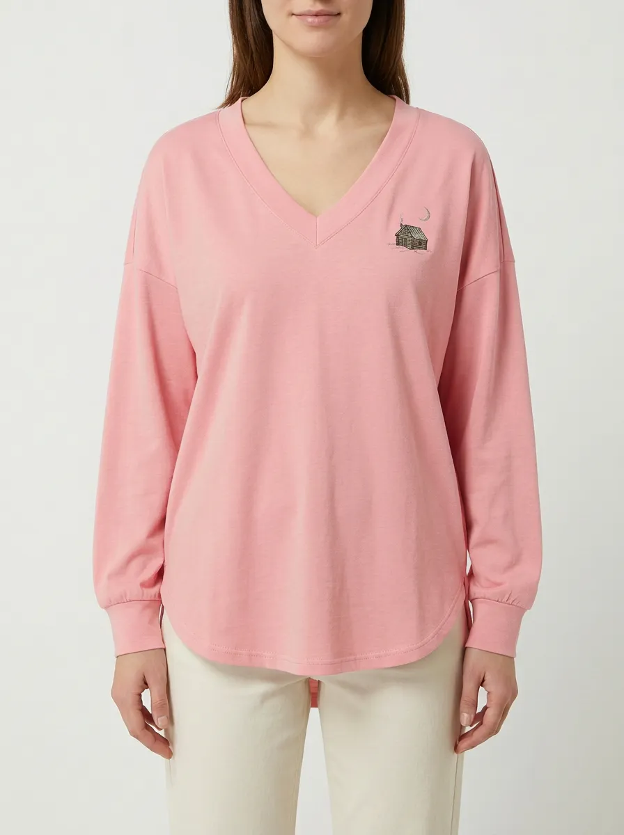 Women's Moon Embroidered V-Neck Long-Sleeve Top