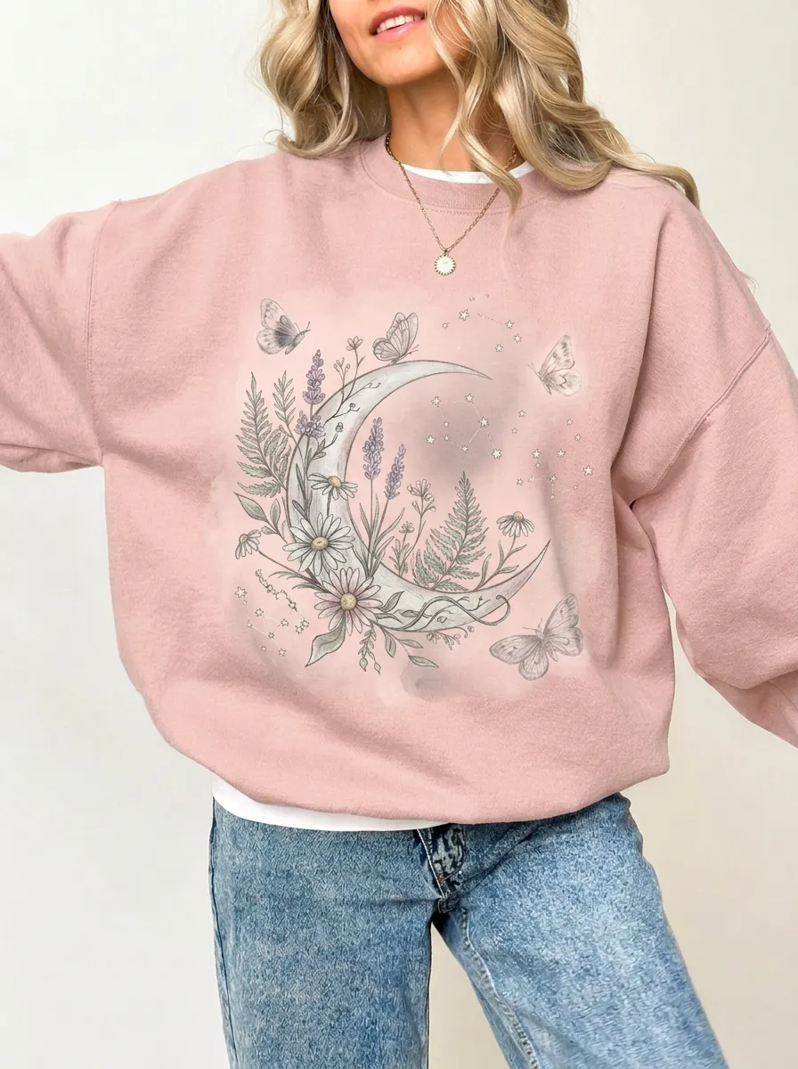 Women's Celestial Floral Moon Butterfly Graphic Sweatshirt