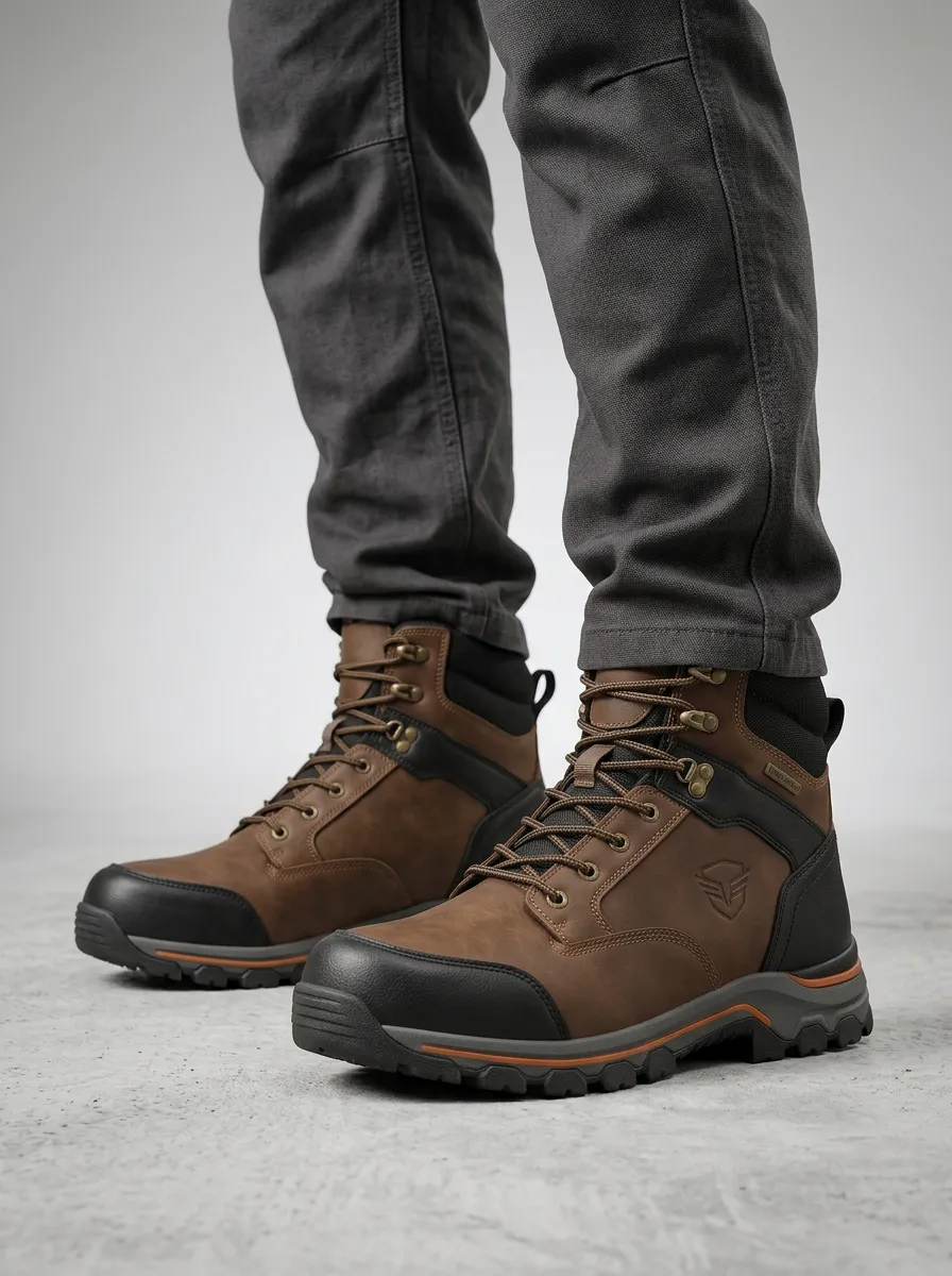 Men's Rugged Waterproof Tactical Shield Detail Graphic Detail Work Boots