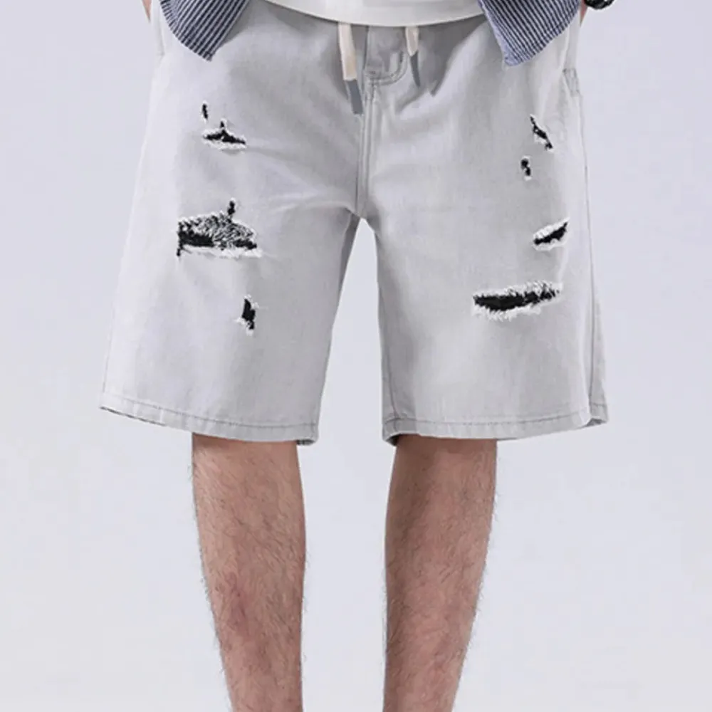 Drawstring Distressed Loose Fit Denim Shorts