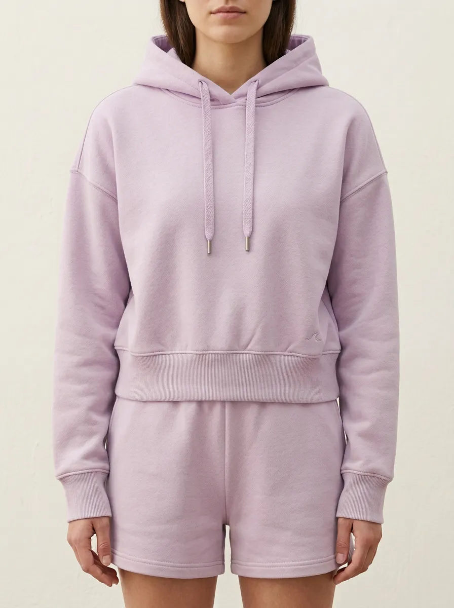 Women's Minimalist Beige Solid Color Embroidered Wave Hoodie