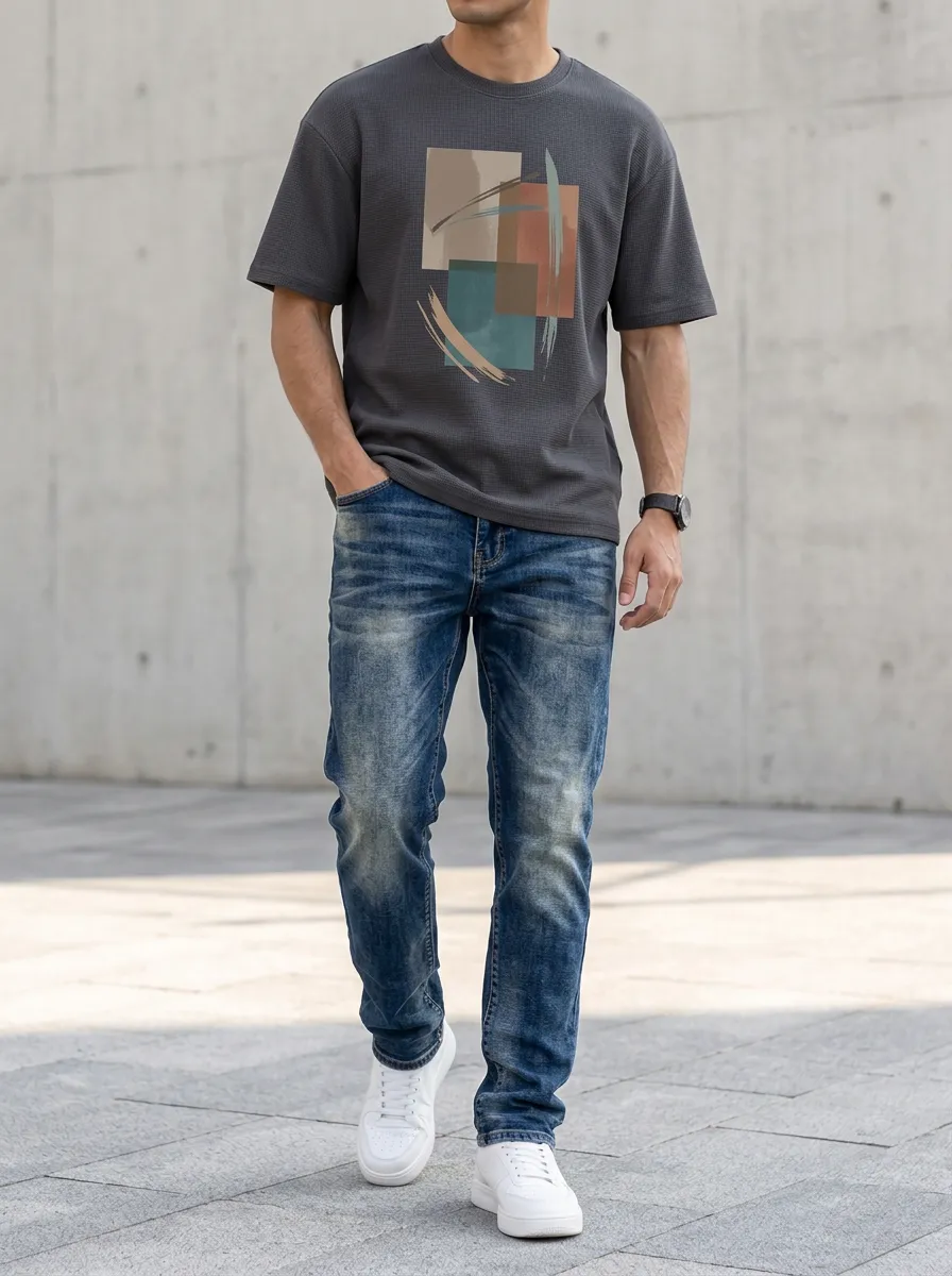 Men's Contemporary Abstract Geometric Printed T-Shirt and Denim Jeans Set