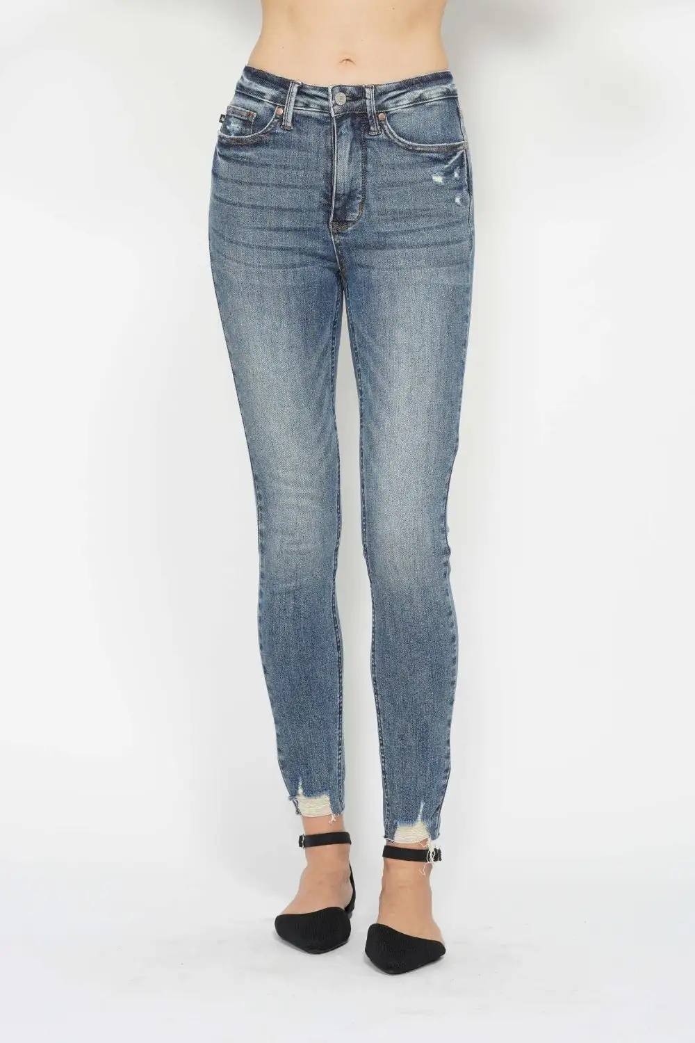 Tummy Control Vintage Wash Hem Destroy Denim Jeans