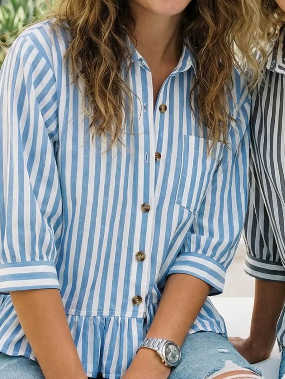 Stripe Button Three Quarter Sleeve Shirt