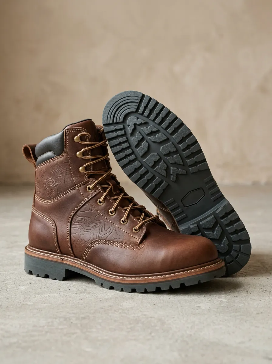 Men's Classic Hiking Topographic Map Embossed Work Boots