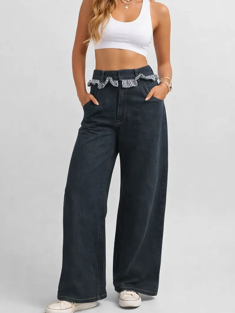 Checked Panel Button Pocket Barrel Leg Denim Pants