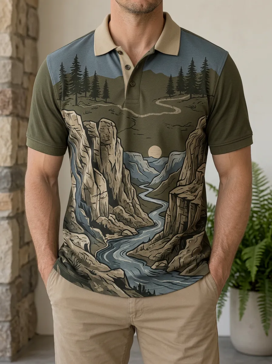 Men's Nature Lover Mountain River Forest Printed Polo Shirt Everyday Casual Style
