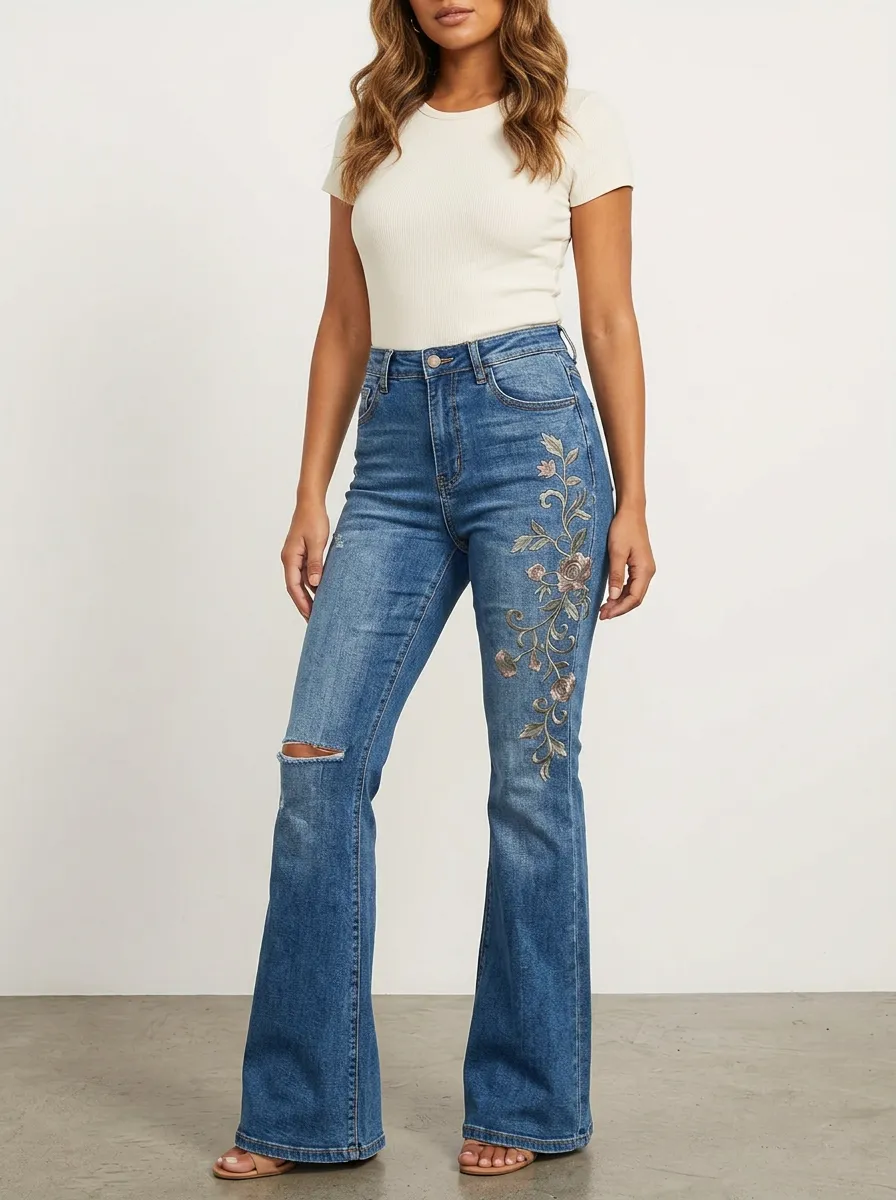 Women's Medium Wash Floral Embroidered Flare Jeans