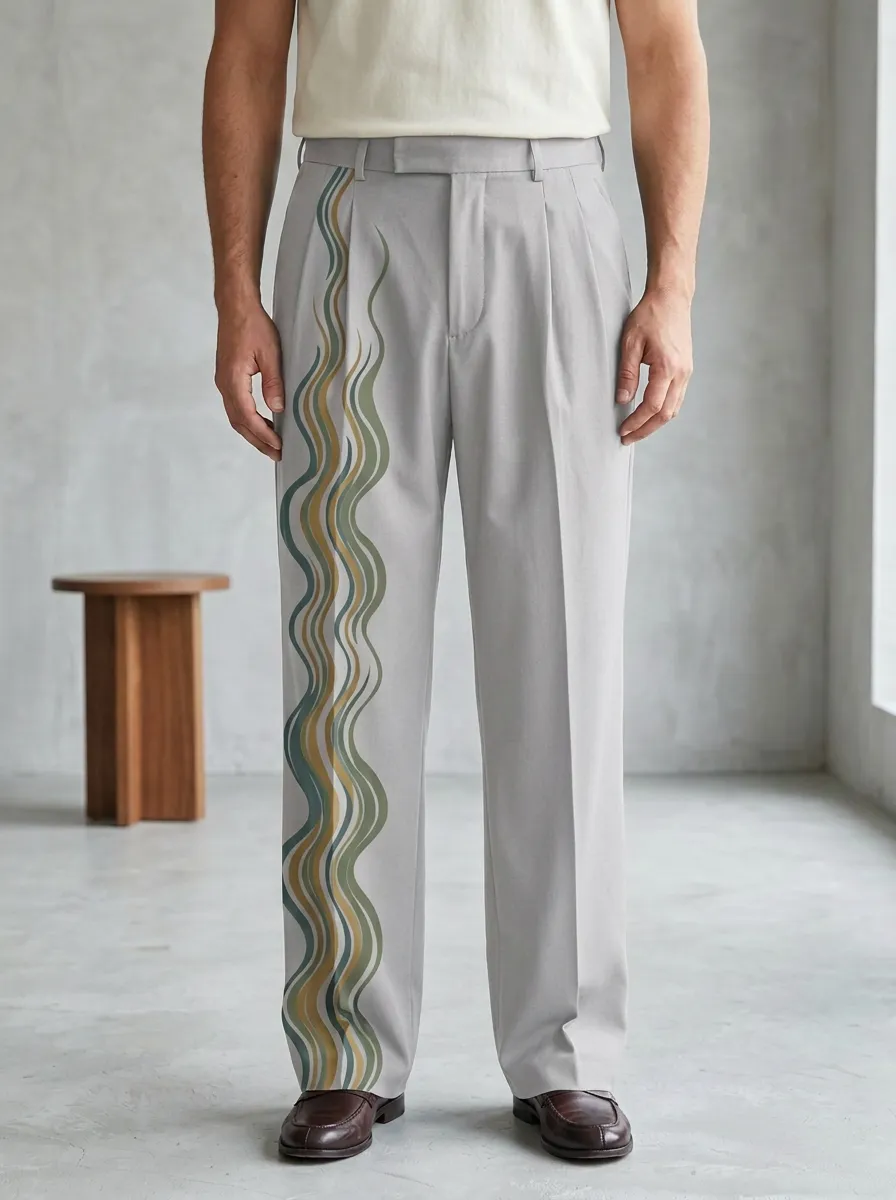 Men's Abstract Art Wavy Line Printed Wide Leg Trousers