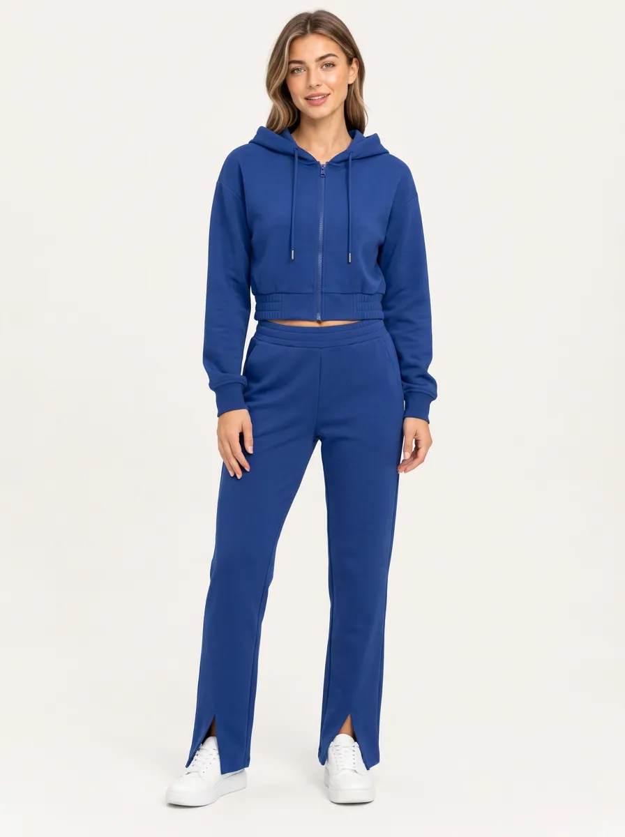 Women's Solid Blue Zip-Up Crop Hoodie Split Hem Pants Set