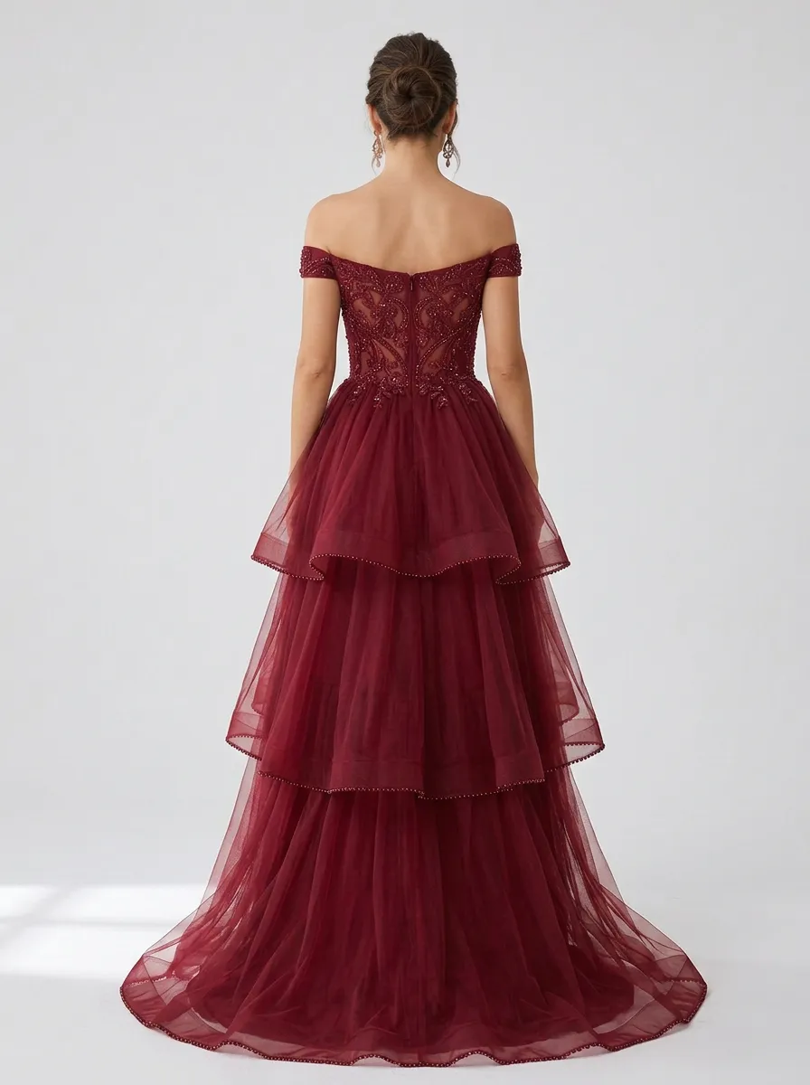 Women's Off-Shoulder Beaded Tulle High-Low Evening Gown