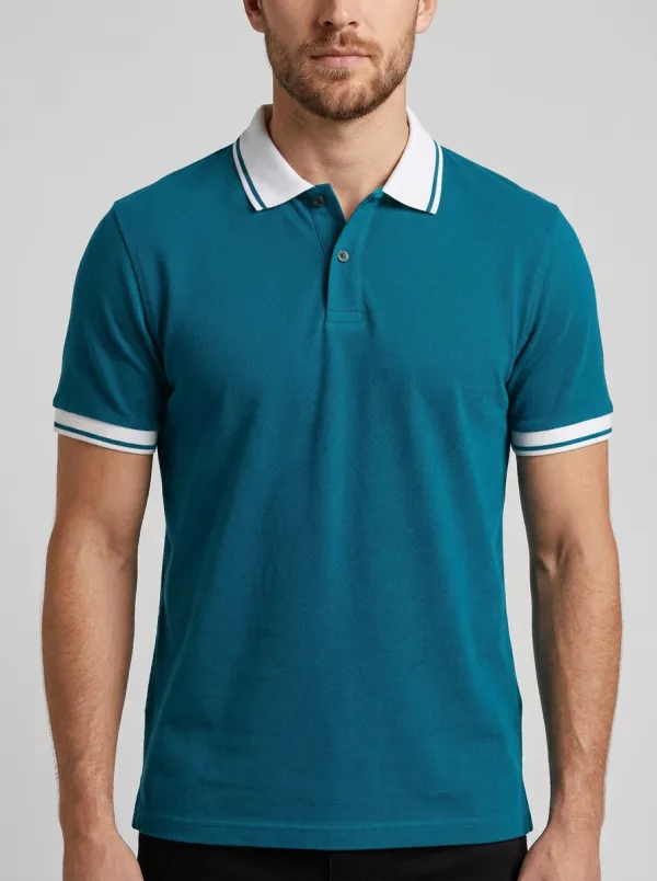 Men's Navy Blue White Tipped Collar Printed Polo Shirt