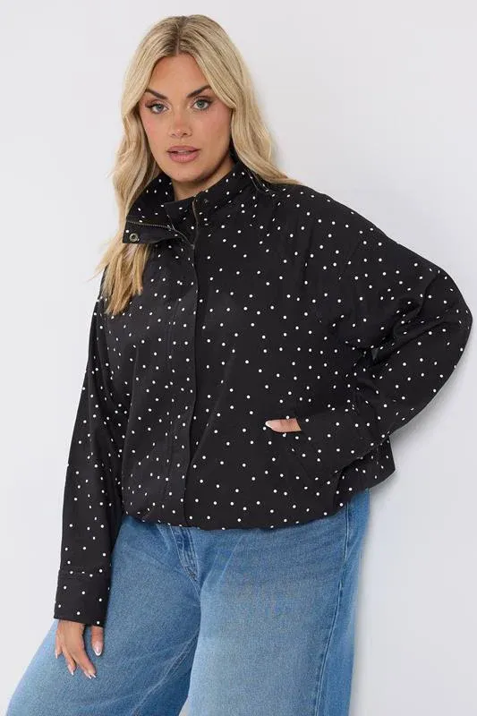 Black Polka Dot Funnel Neck Bomber Jacket