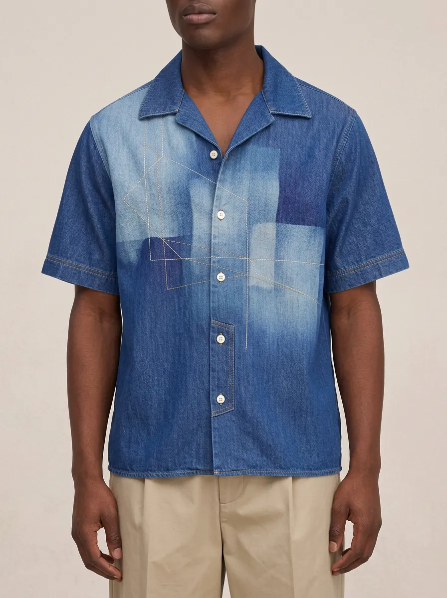 Men's Geometric Patchwork Abstract Short Sleeve Denim Shirt