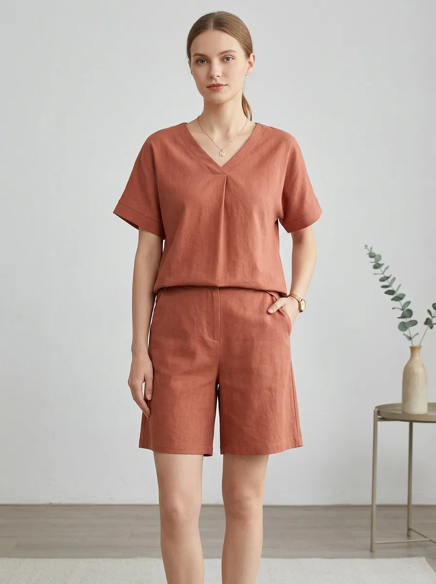 Linen-Look Minimalist Women's V-Neck Casual Lounge Set
