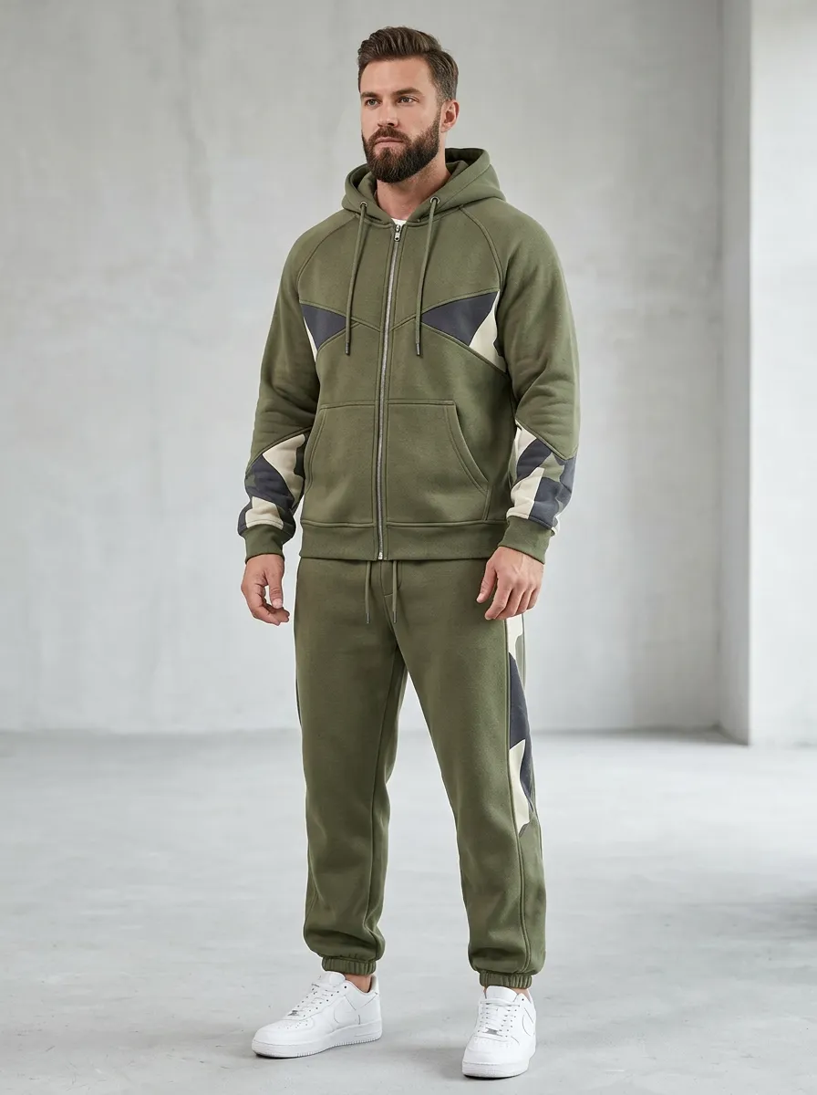 Men's Military Style Colorblock Print Jogger Set