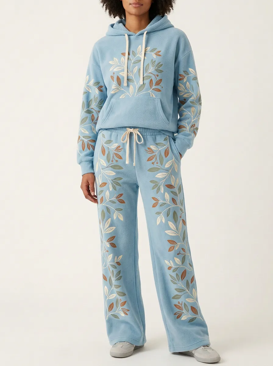 Women's Botanical Print Hoodie And Wide-Leg Lounge Set