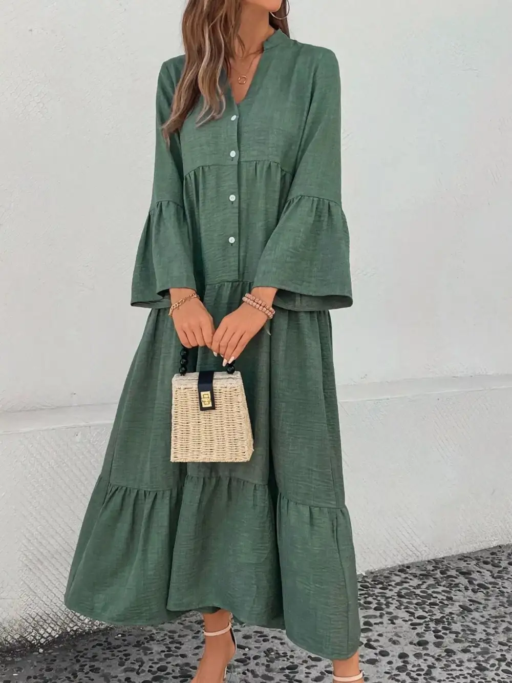 Button Front Ruffle Tiered Dress Casual